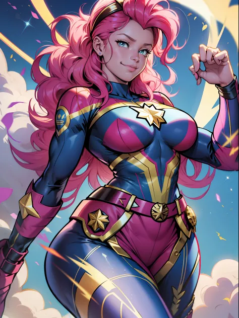 pinkie pie, huge-breasts, lush breasts, elastic breasts, hairlong, luxurious hairstyle, in the costume of captain marvel, pink b...