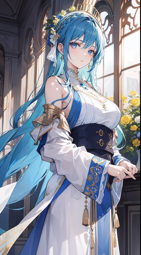 "Epic palace daylight atmosphere, stunning 4k artwork showcasing an elegant girl with her light-blue hair flowing. Her light-blu...