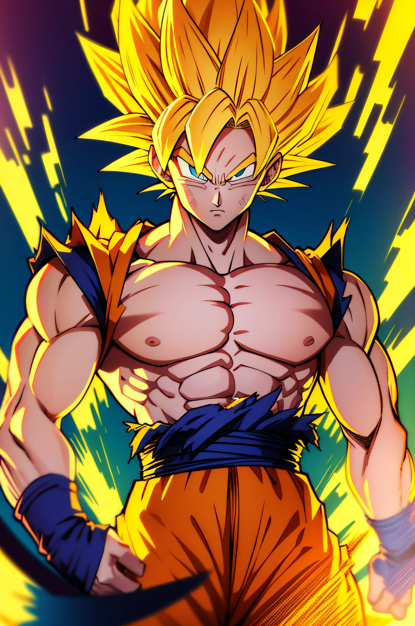 Goku, 2d dragon ball punk blonde super saiyan furious planet namek centered super strong detailed gorgeous vibrant muscles