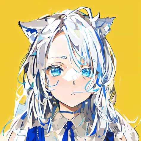 Anime girl with long light gray hair and blue eyes, Wolf ears, Vintage dress in blue, Green eyes, Lori, Suspicious face, !!Mediu...