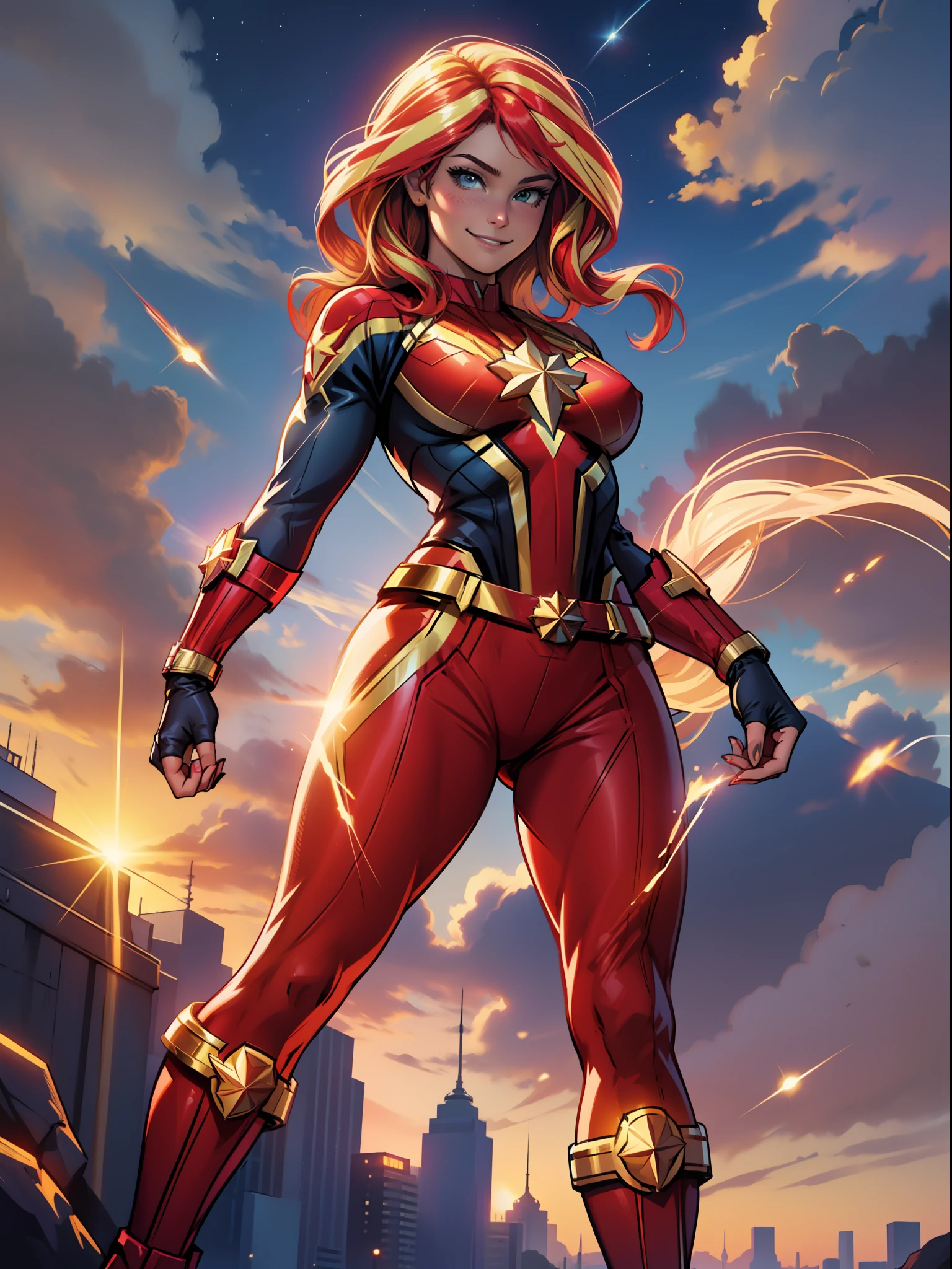 Sunset Shimmer, Huge-breasts, Lush breasts, Elastic breasts, hairlong, Luxurious hairstyle, In the costume of Captain Marvel, red yellow suit, Elegant boots, in the sky, superhero, brawn, in full height, Smiling, Magic, Flight beam, beste-Qualit, Very detailed, 8K quality, in full height