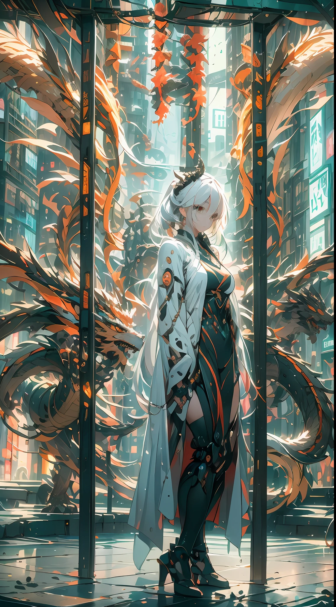 （（A futuristic））， （（mito））， （（fanciful）），Machinary，1girll， modern city setting， Girl with white hair with avant-garde costume， Surrounded by mechanical Asian dragons， （neonlight：1.2）， （cybernetically enhanced：1.1）， （Ethereal dragon scales：1.1）， （action-packed scene：1.2）， （cinematic compositions：1.1）， Mixed-media artwork， 8K分辨率