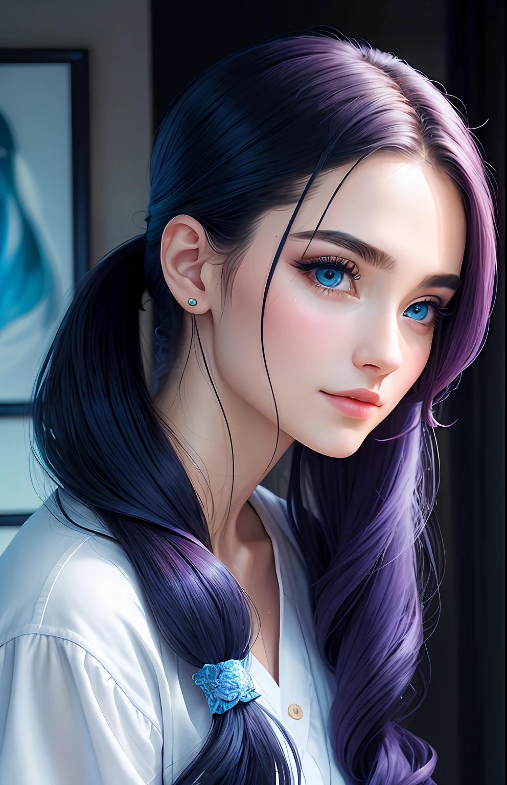 animesque、portraitures、One Person２３Pretty woman of year old、Moisturized eyes、Casual clothing、a picture、androgynous hunnuman、oval jaw、Delicate features、beautiful countenance、The hair、long pony tail、Blue eyes with a beautiful glow、LDS Art