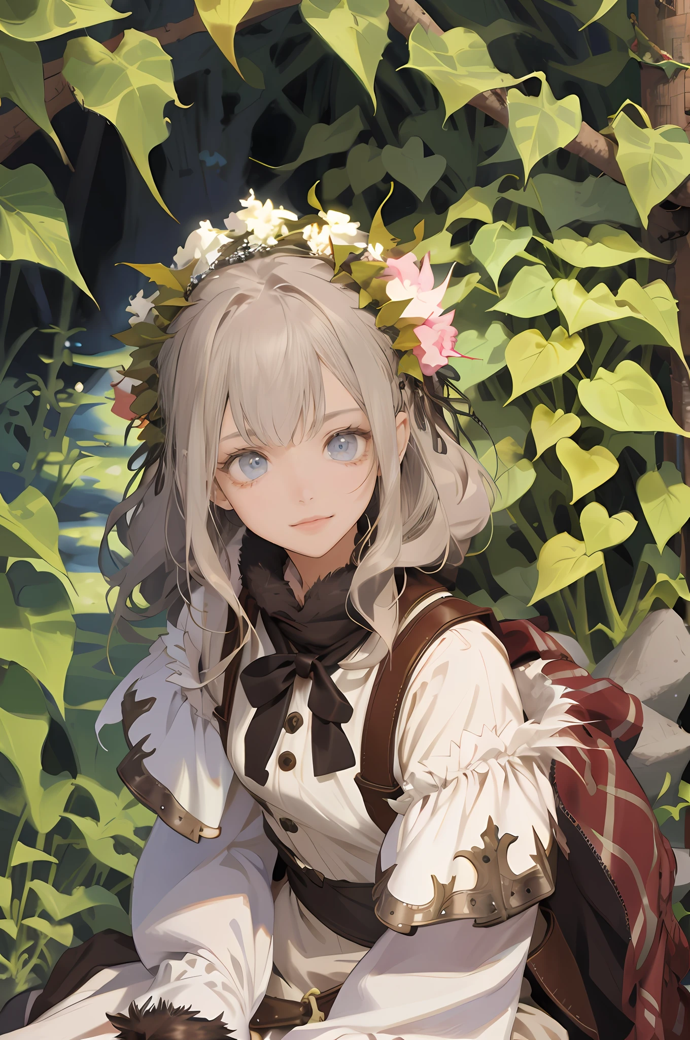 (absurdress, hight resolution, Ultra Detailed), 1girl, solo, extremely detailed eyes, Colorful, highest detail, Portrait, Looking Up, solo, half shot, Detailed background, Detailed Face, Robin Hood, slight smile, sitting, medieval fantasy setting, high fantasy, brown leather clothing with fur,  gloves,     The Enchanted Forest, Bushes, Vines, ivy, rocks, rivers,     ferns, Flowers, (Butterflies:0.9), feathers, wildlife,