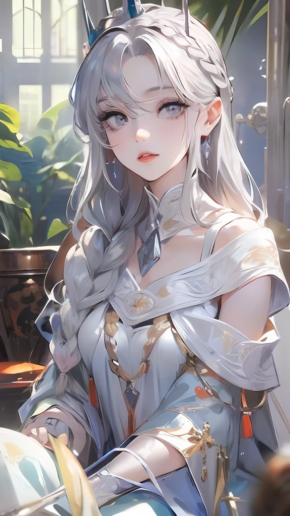 Best quality, highly detailed, masterpiece, ultra detailed, (reality: 1.2), 1 girl, (white background), simple background, delicate eyes, silver hair, purple eyes, hair_ornament, (white off-the-shoulder shirt: 1.3), long hair, pointy_ears, crown_braid, expressionless, straight hair, (++ sitting: 1.2), room,