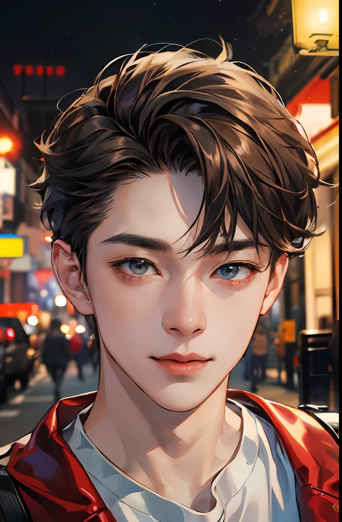 (absurdres, highres, ultra detailed, HDR), masterpiece, best quality, 1boy, handsome, short hair, finely eye and detailed face, (white t-shirt), (red jacket), dimple, night street, night city, midnight, selfie shot, light smile