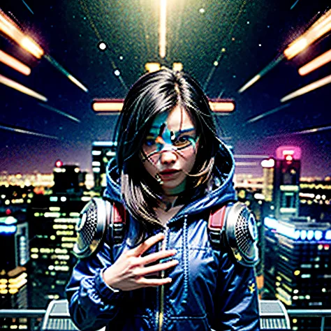 (Masterpiece), Best quality, 超高分辨率,Little girl, cyberpunk 1girl flying above stunning cityscape ,Hoodie,Blue hair,  neon color shooting stars, Very long hair, cropped shoulders, feathers hair ornament, Neon colors, twinkle, stunning night sky, Cinematic li...