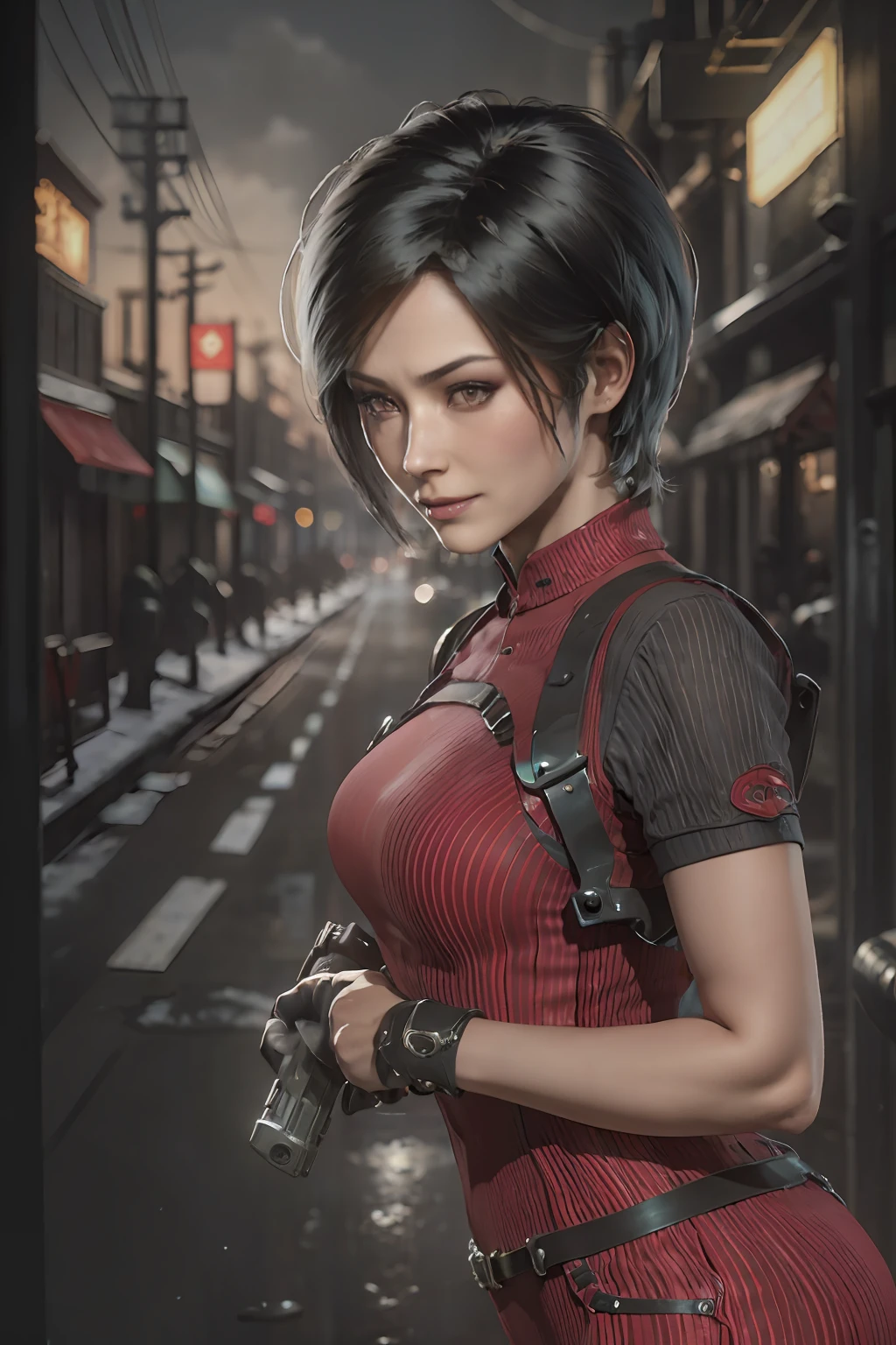 1 Mädchen， Solo， Ada Wong im Resident Evil 4-Remake， kurzes, detailreiches Haar， Brünette Farbe Haar， Rotes Cheongsam， Kurzarmhemd， Schwarz， dünne Brüste， upper legs， hindquarters， schwarze Absätze， Adrianas Gesicht， Publikum schaut， schlaues Lächeln， Die Pistole hing um ihre Taille， Beste Qualität zum besten Preis， Eine hohe Auflösung：1.2， Dorf aus dem 18. Jahrhundert im Hintergrund， Beschattung， Alptraum， Strahlen des Mondlichts， Oberkörperschießen， niedriger Kamerawinkel、Tiefenschärfe、Fokus zentrieren