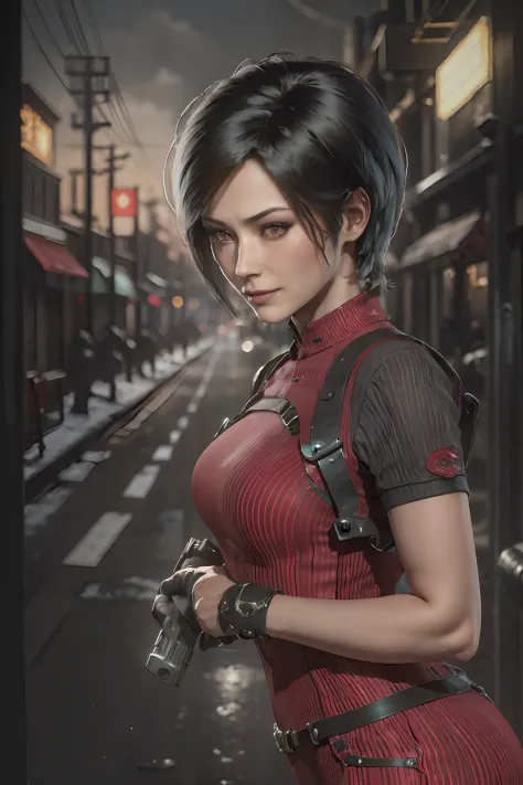 1 rapariga， 独奏， Ada Wong in the Resident Evil 4 remake， short detailed hair， brunette color hair， Red cheongsam， Short-sleeved s...