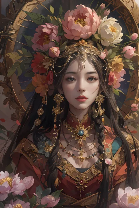 Original，（illustratio：1.1），（best qualtiy），（tmasterpiece：1.1），（the Extremely Detailed CG Unity 8K Wallpapers），（a color：1.2），1 peony flower god，goddes，Model figure，ancient costume，best qualtiy，Extremely detailed jewelry，Peony petals，scenecy，rios|Wagas，