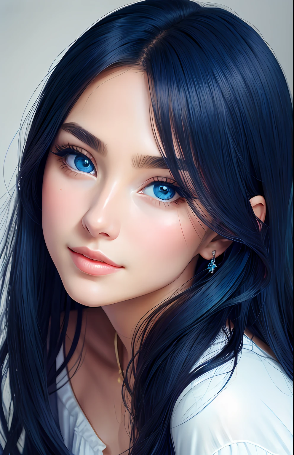 animesque、portraitures、One Person１８Pretty Woman、Moisturized eyes、Casual clothing、a picture、oval jaw、beautiful countenance、The hair、Blue eyes with a beautiful glow、LDS Art