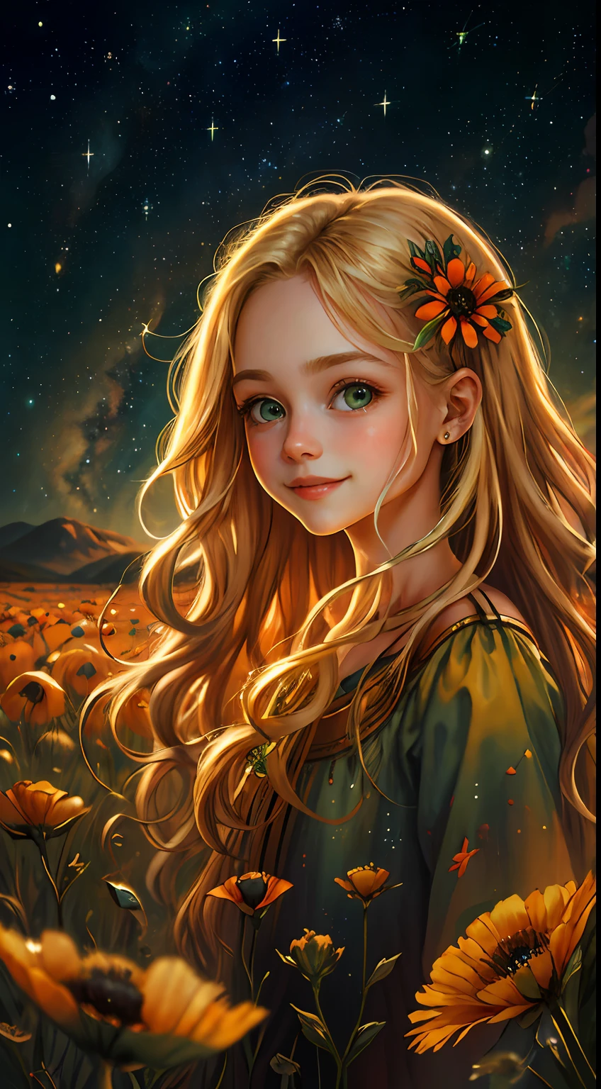 half portrait, Best Quality, Masterpiece, extra high resolution, (foto realista: 2.5), surrealism, dream-like,
1 girl smiling, wavy blonde long hair, Bright green eyes, Starry sky, night time, Stars, galaxy, Field with poppy flowers