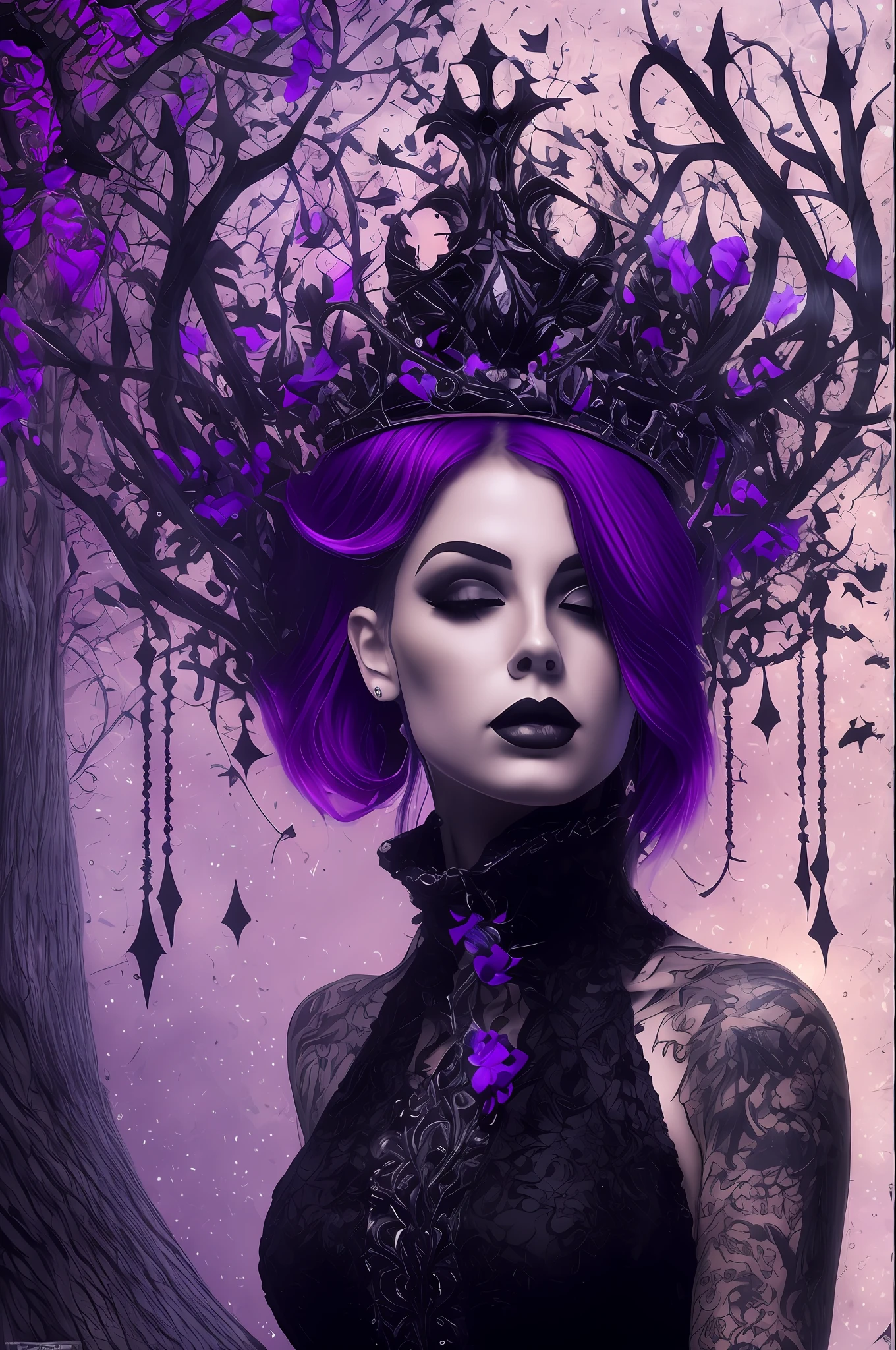 美丽的纹身女人, 黑色短发, 全身, 哥特式紫色和黑色连衣裙, 黑色驯鹿手套, 他的脖子上戴着虚空的王冠, 哥特, 很漂亮, 最好的质量, 8千, 背景是一片黑暗的森林, 与发光的蝴蝶