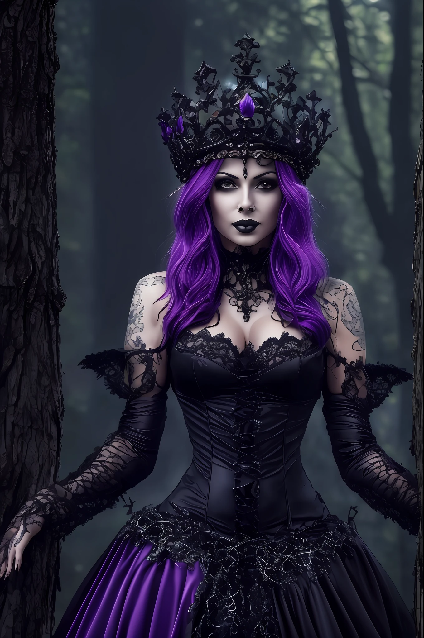 hermosa mujer tatuada, pelo negro corto, cuerpo entero, Vestido gótico morado y negro., guantes de reno negros, En su cuello una corona de vacío, gotic, muy hermoso, de la máxima calidad, 8K, al fondo un bosque oscuro, con mariposas iluminadas