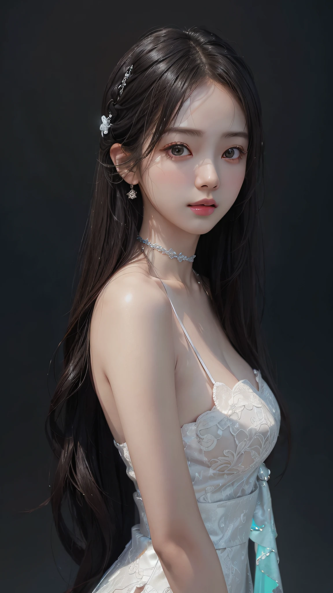 (Hyper-realistic) , (illustratio), (Increase the resolution), (8K), (extremely detaile), (Most Best Illustration), (Beautiful and delicate eyes), (best qualtiy), (ultra - detailed), (tmasterpiece), ( the wallpaper), (Detailed face), solo,1个Giant Breast Girl, looking at viewert, exquisite detailing, Detailed face, deep shading，low tune,pureerosfaceace_v1, ssmile,long whitr hair，Black shawl straight hair，46 points oblique bangs，Best quality、tmasterpiece、A high resolution、1girll、hair adornments、choker necklace、jewely、pretty  face、Physically、Tyndall effect、realisticlying、Shadow Studio、edge lit、bicolor lighting、（highdetailskin：1.2）、8K, ultra HD、Digital SLR、softlighting、high high quality、volumettic light、sneak shot、photore、A high resolution、4K、8K, Yes、The background is blurred out，
