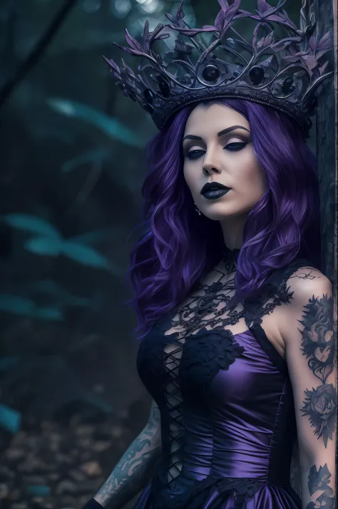bela mulher tatuada, cabelos curtos preto, corpo inteiro, Gothic purple and black dress, luvas de rena preta, On his neck a crow...