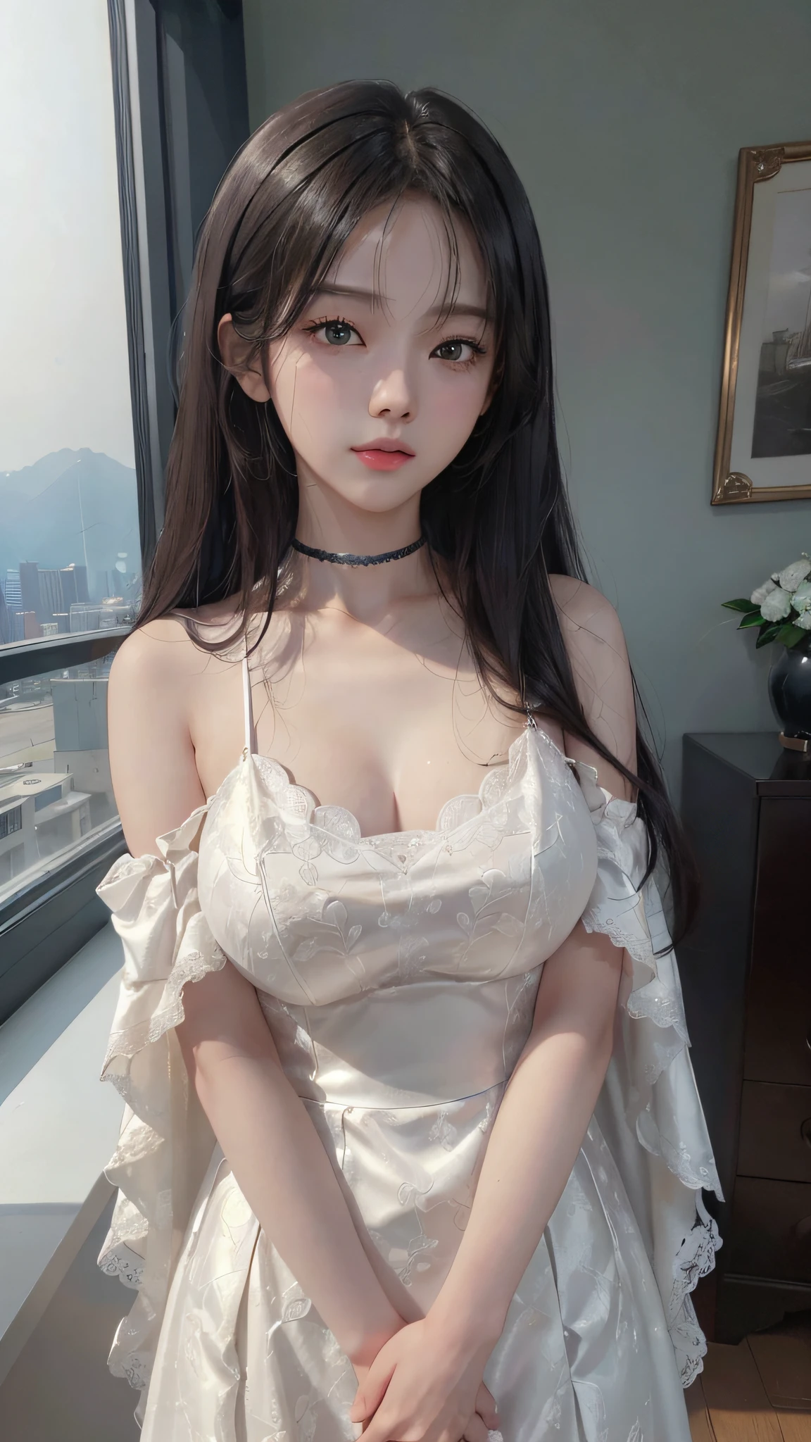 (Hyper-realistic) , (illustratio), (Increase the resolution), (8K), (extremely detaile), (Most Best Illustration), (Beautiful and delicate eyes), (best qualtiy), (ultra - detailed), (tmasterpiece), ( the wallpaper), (Detailed face), solo,1个Giant Breast Girl, looking at viewert, exquisite detailing, Detailed face, deep shading，low tune,pureerosfaceace_v1, ssmile,long whitr hair，Black shawl straight hair，46 points oblique bangs，Best quality、tmasterpiece、A high resolution、1girll、hair adornments、choker necklace、jewely、pretty  face、Physically、Tyndall effect、realisticlying、Shadow Studio、edge lit、bicolor lighting、（highdetailskin：1.2）、8K, ultra HD、Digital SLR、softlighting、high high quality、volumettic light、sneak shot、photore、A high resolution、4K、8K, Yes、The background is blurred out，