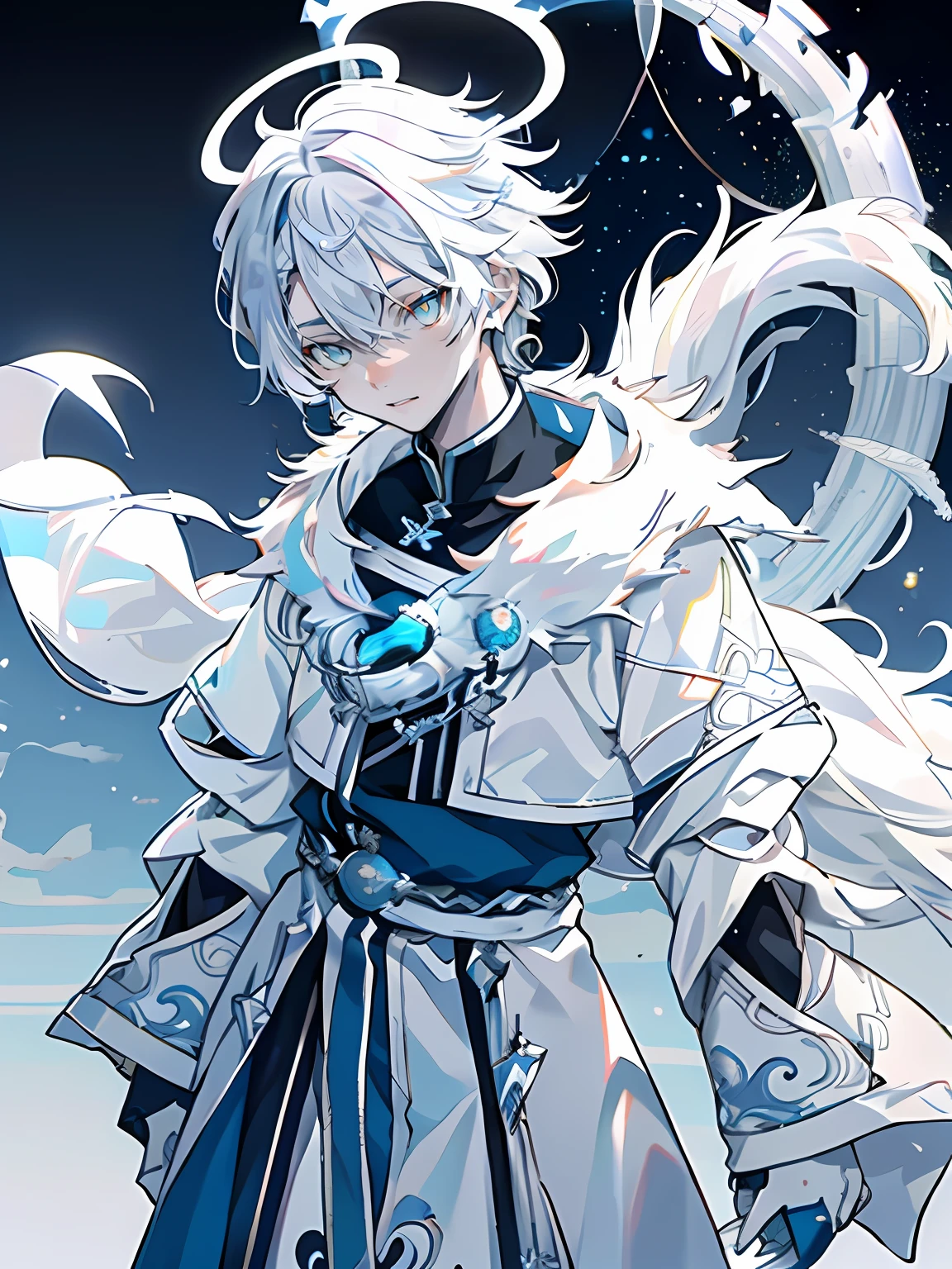 (((Young, Light-skinned boy, STRAIGHT WHITE HAIR, 18 years old)))), He was dressed in white，Grey decorations and details，There are wolf ears,blue color eyes  ((((Go against the wind, White wolf, Blue magic halo))))，Masterpiece