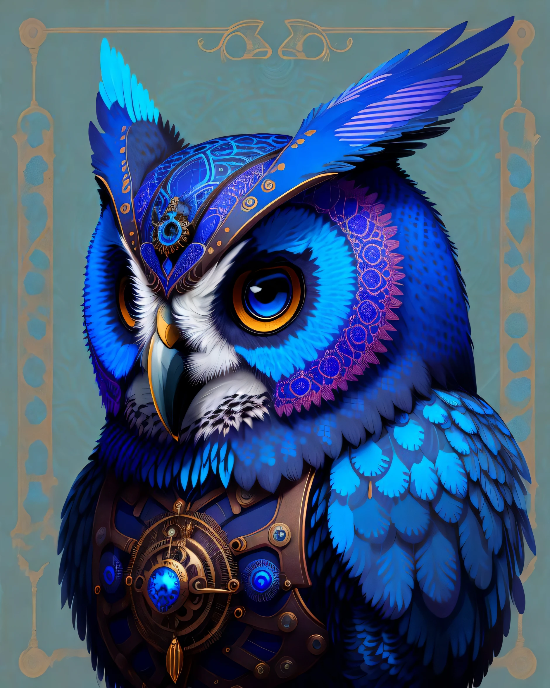 Portrait of an owl, steampunk, indigo blue, colorful, illustration ...