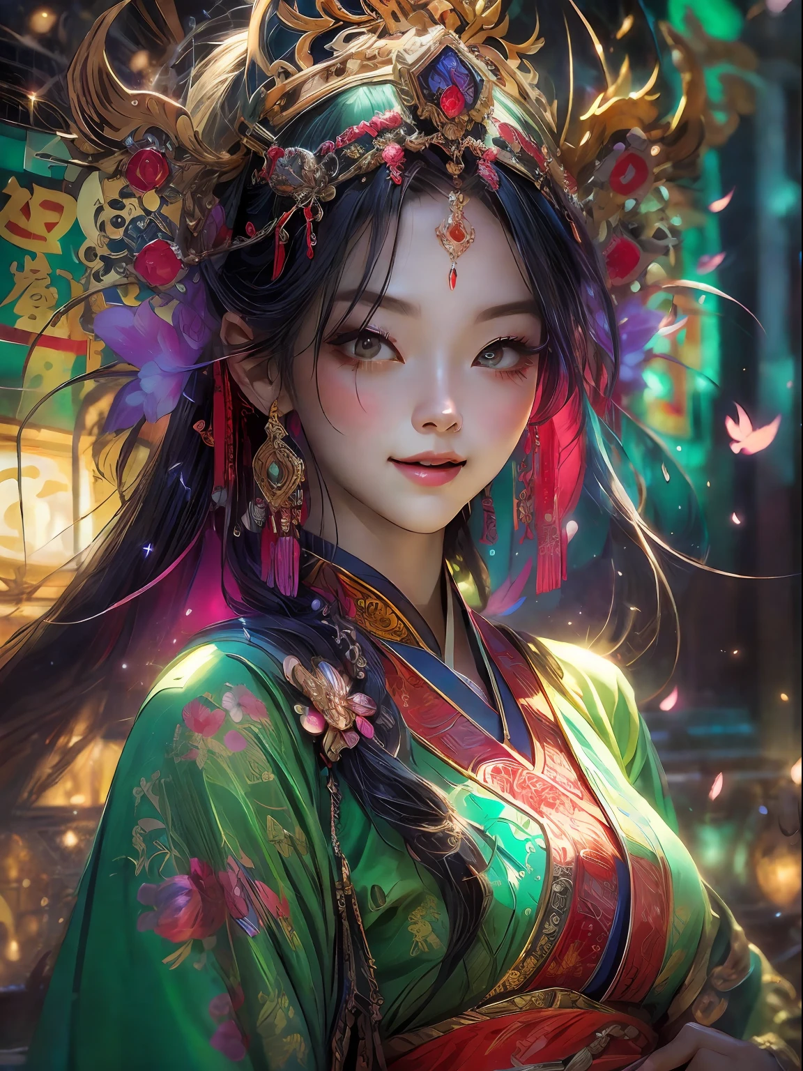 HighestQuali，tmasterpiece：1.2，Detailed details，4K，beautiful young girl in tang dynasty, Smiling, Full body picture, portraiture, fireflies and beautiful warm sparkles everywhere, shift style with a shallow depth of field and high definition resolution, key visual, editorial photography, Epic, hyper ornate, Intricate details, maximalism cinematic film still, maximalist interior design, bright vibrant colors, + cinema shot + Hyperrealistic, Chang’an, the capital of the Tang Dynasty, Super detail