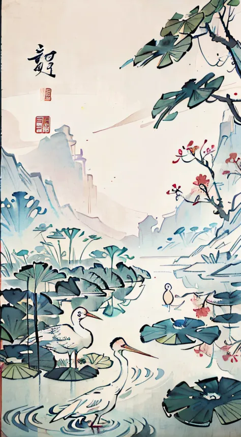 White crane painting in lotus pond, Chinese brush illustration, Chinese painting style, Chinese traditional painting, Chinese tr...