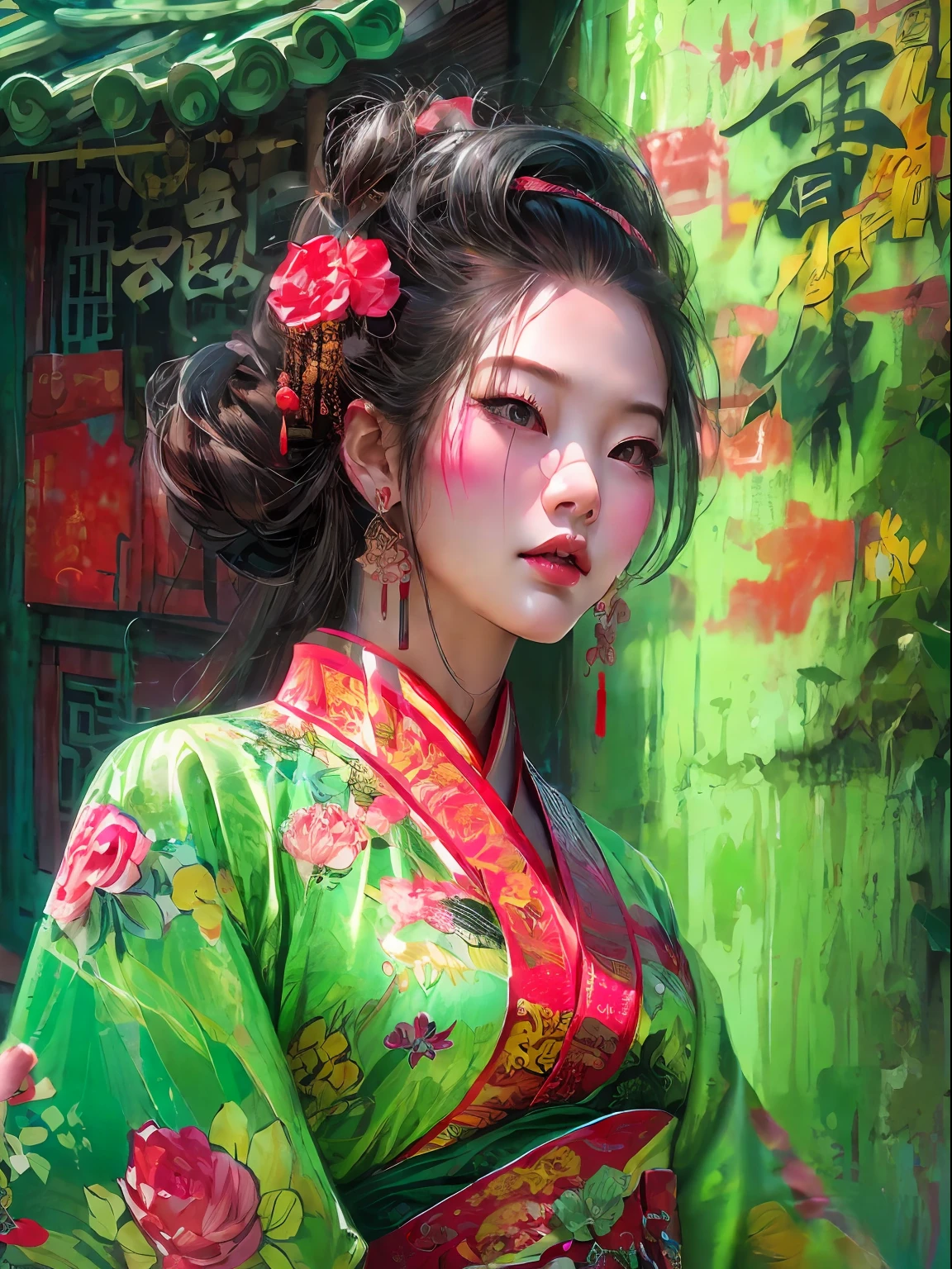 最高质量，杰作：1.2，详细信息，4k，身着中国传统服饰的美女以街头艺术风格出现在墙上