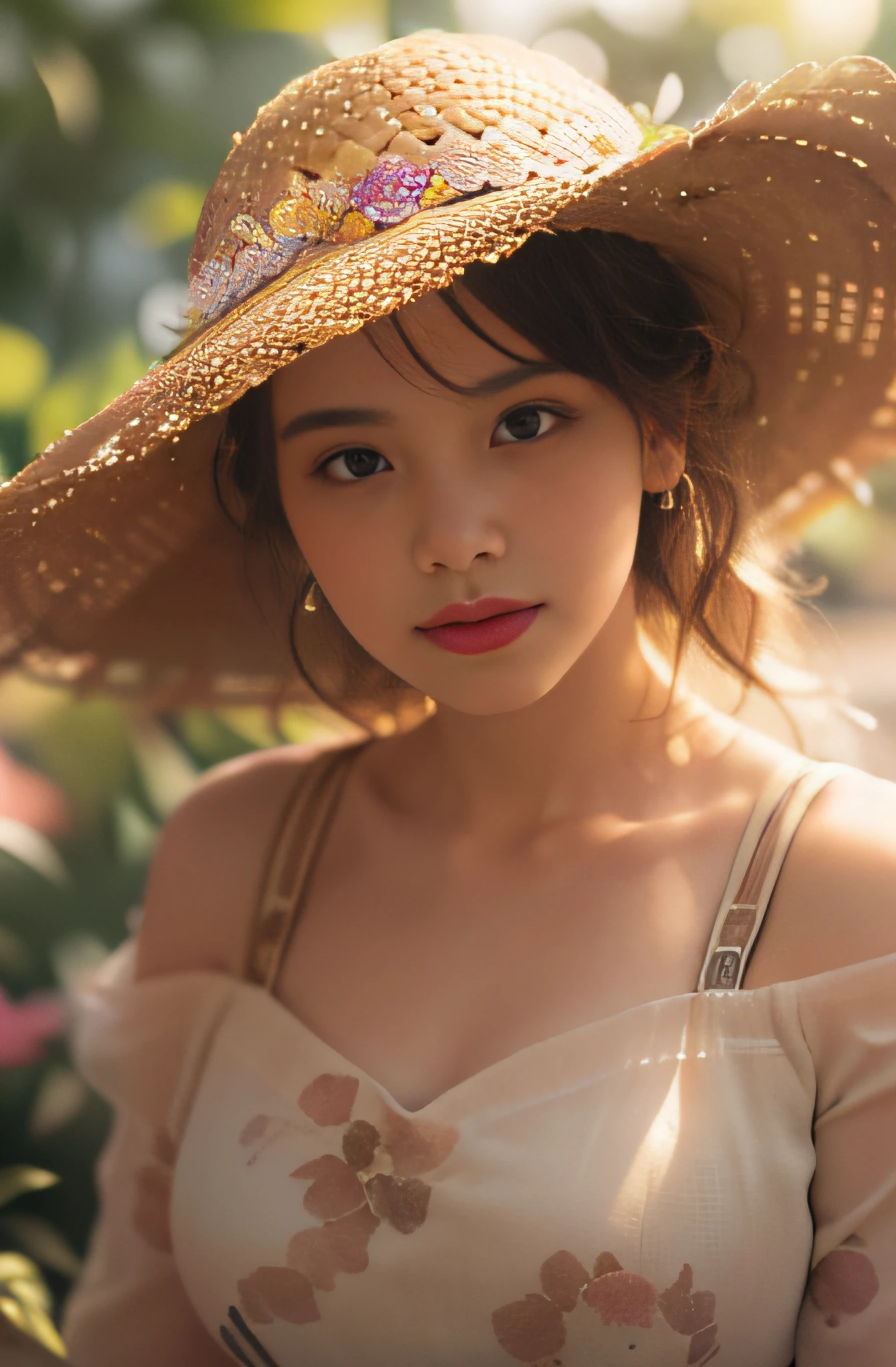 (extreme close up:1.5), (face focus:2),(Style of ???? ???:1.5),
((side face:2)),(1girl surrounded by soft_light:1.5), (backlighting:1.8), (lighting),(flowing fabric:1.3), ((Floral_summer_dress:1.5),(Straw_hat:1.3)),
(masterpiece), realistic, HDR, highly detailed, 8k, raw photo,
ambient occlusion, natural, harmonious composition, warm tones, fine art photography,