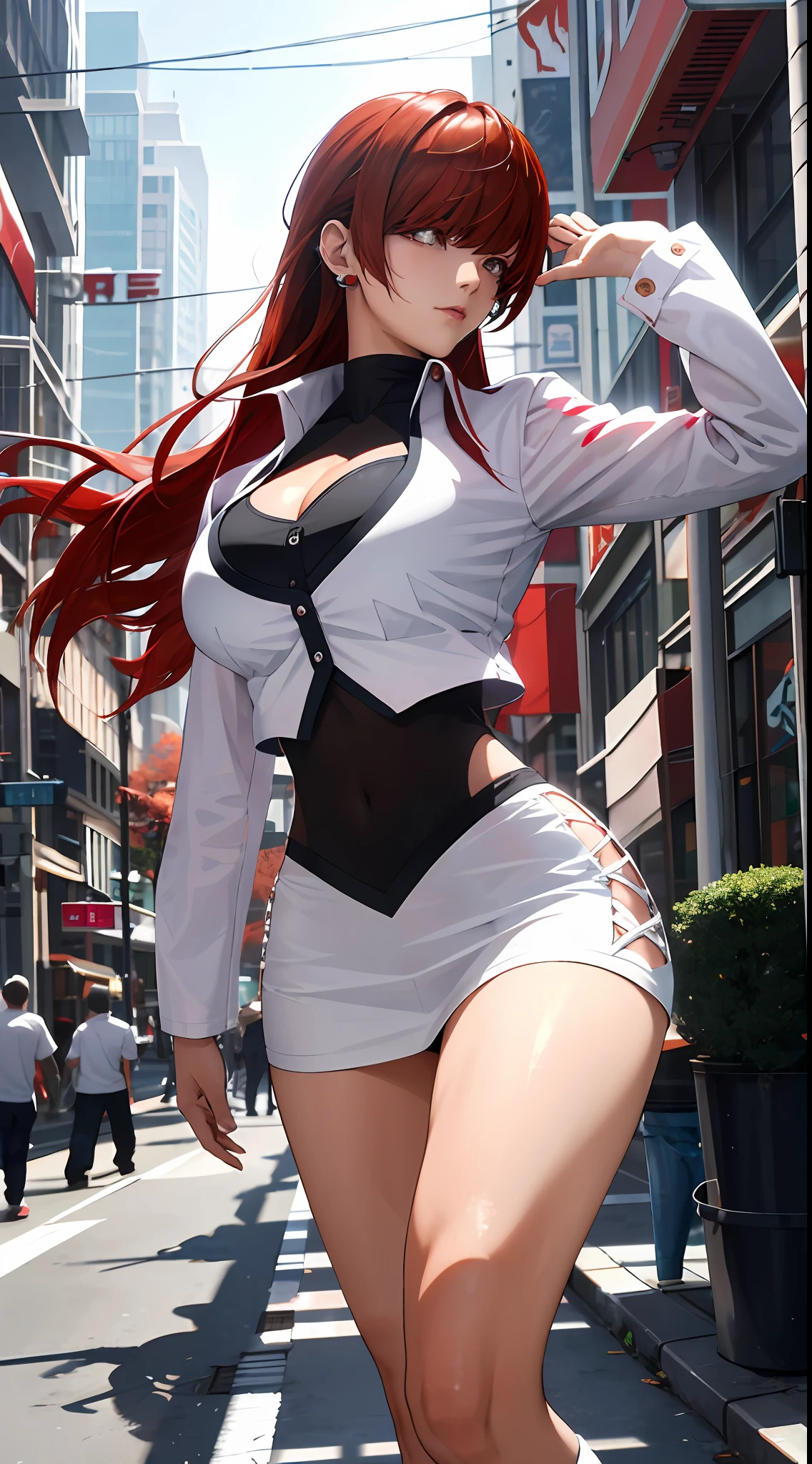 tmasterpiece,, Best quality at best, A high resolution, 1girll， red tinted hair，white  clothes，hason, Crop top, (Large breasts 1.4), nabel，Fighting posture，cyber punk perssonage，City streets