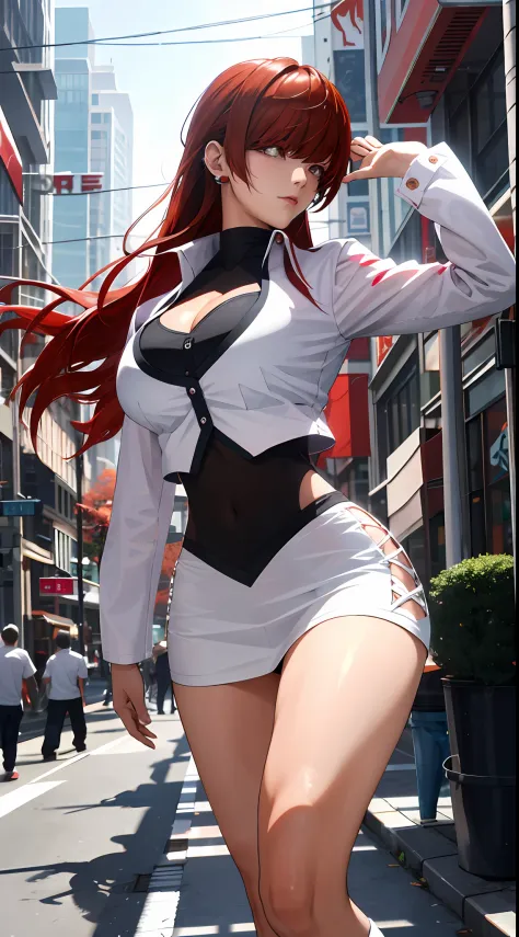 tmasterpiece,, Best quality at best, A high resolution, 1girll， red tinted hair，white  clothes，hason, Crop top, (Large breasts 1...