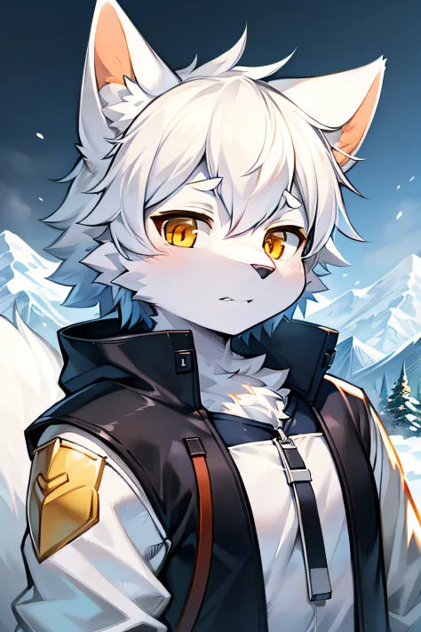 Snowy mountains Snow，full bodyesbian,Young Wolf,人物,tmasterpiece，Blue down jacket,furry tail,Highest image quality,8k,Full HD background，cartoony，adolable，kemono，male people，a plush，furry，White fur，White body，White ears，Orange-yellow eyes，solo person, Wolf ...