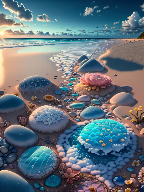 exquisite scenes，depth of fields，8k，blue sky，white clouds，the sun shines on the beach，there are many small colorful stones on th...