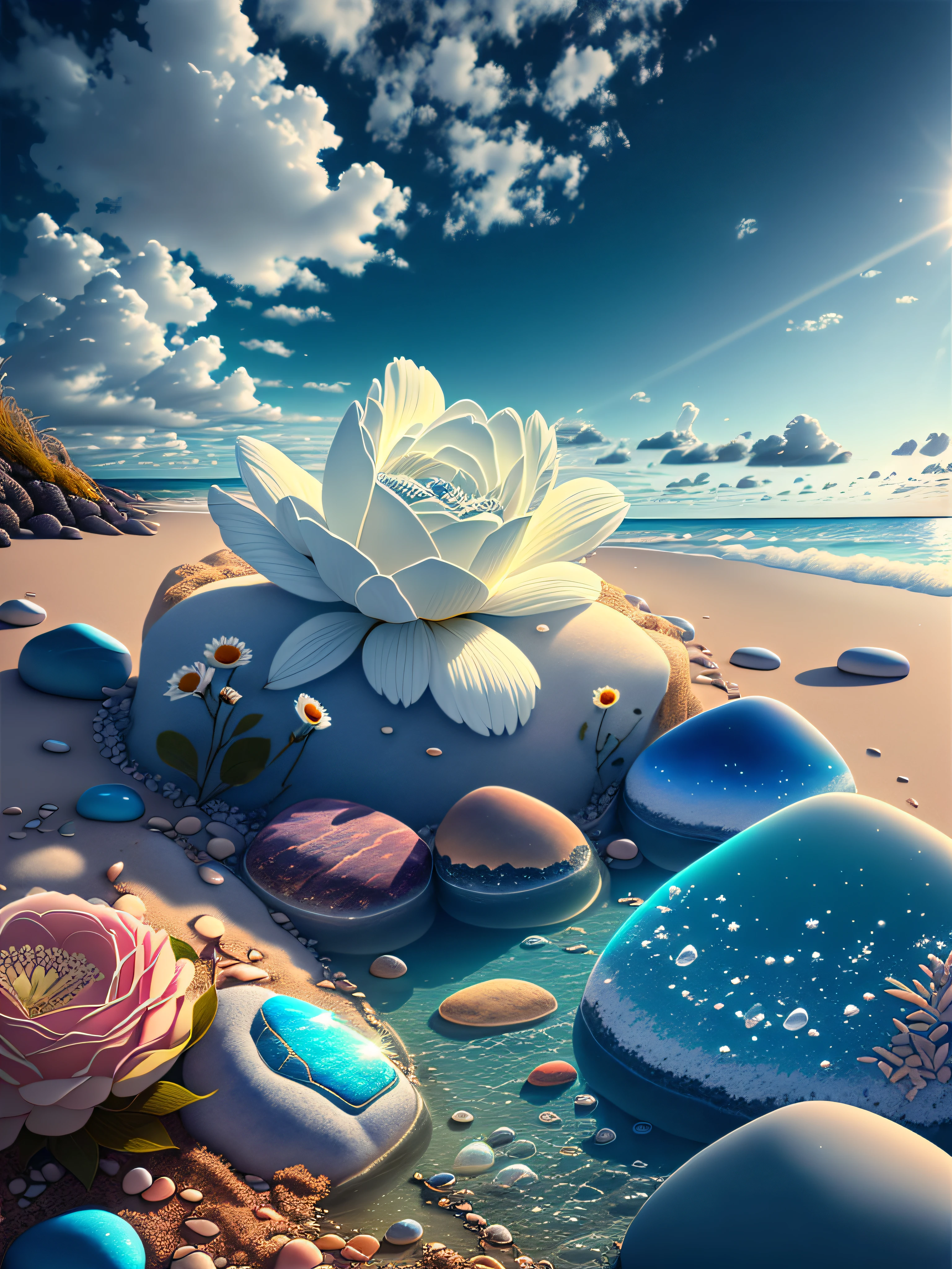 Exquisite scenes，depth of fields，8K，Blue sky，White clouds，The sun shines on the beach，There are many small colorful stones on the beach，Rose flower，