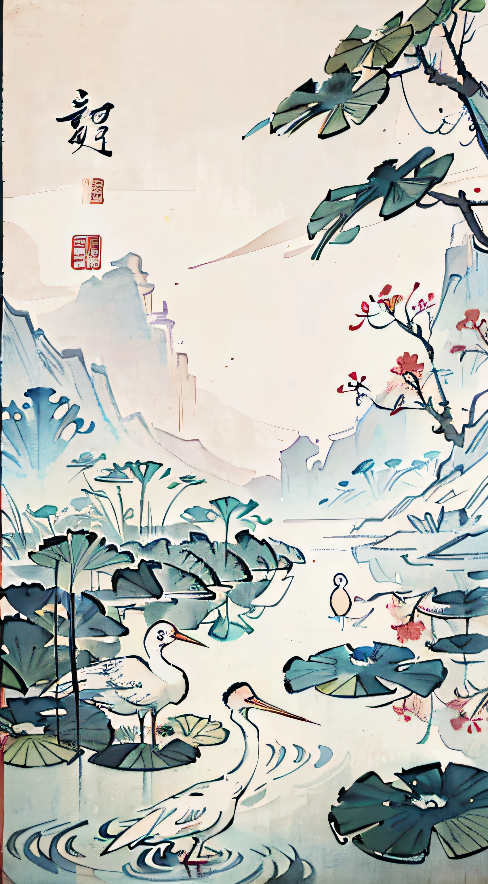 White crane painting in lotus pond, Chinese brush illustration, Chinese painting style, Chinese traditional painting, Chinese traditional ink painting, Chinese style painting, Chinese watercolor style, Chinese ink painting, beautiful artwork illustration, inspired by Xiao Yuncong, Chinese traditional art, Chinese painting, Zhongyuan Festival, inspired by Wang Yuanqi