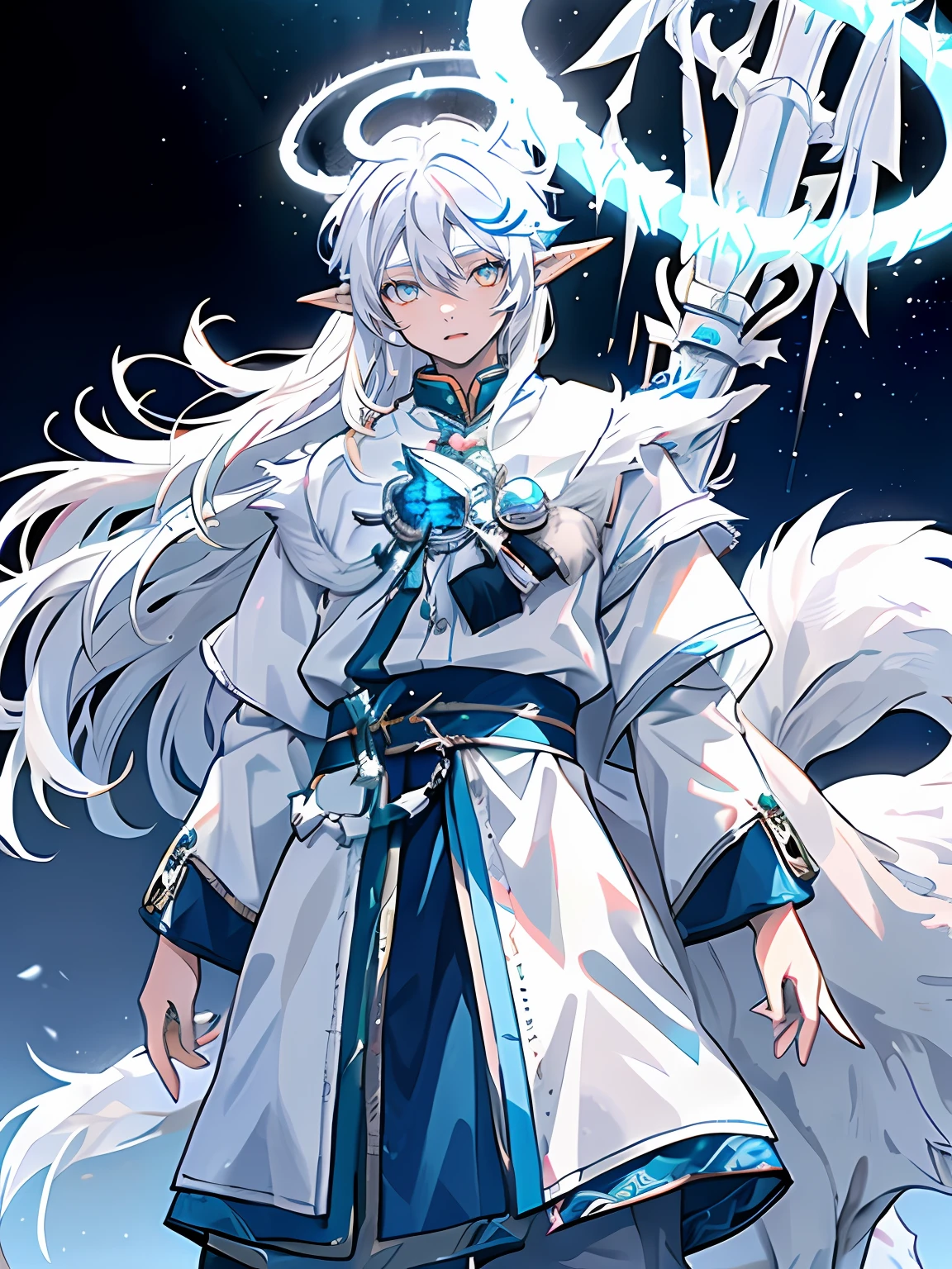 (((Young, Light-skinned boy, STRAIGHT WHITE HAIR, 18 years old)))), He was dressed in white，Grey decorations and details，There are wolf ears,blue color eyes ((((Go against the wind, White Wolf Elf, Blue magic halo))))，，Masterpiece