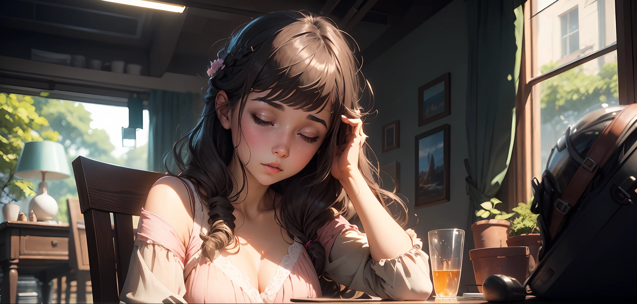 "a girl in a pink dress, princess of amethyst, asleep on a chair, in the fantasy art style of guweiz and ilya kuvshinov, with long flowing hair"