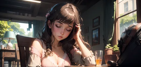 "a girl in a pink dress, princess of amethyst, asleep on a chair, in the fantasy art style of guweiz and ilya kuvshinov, with lo...