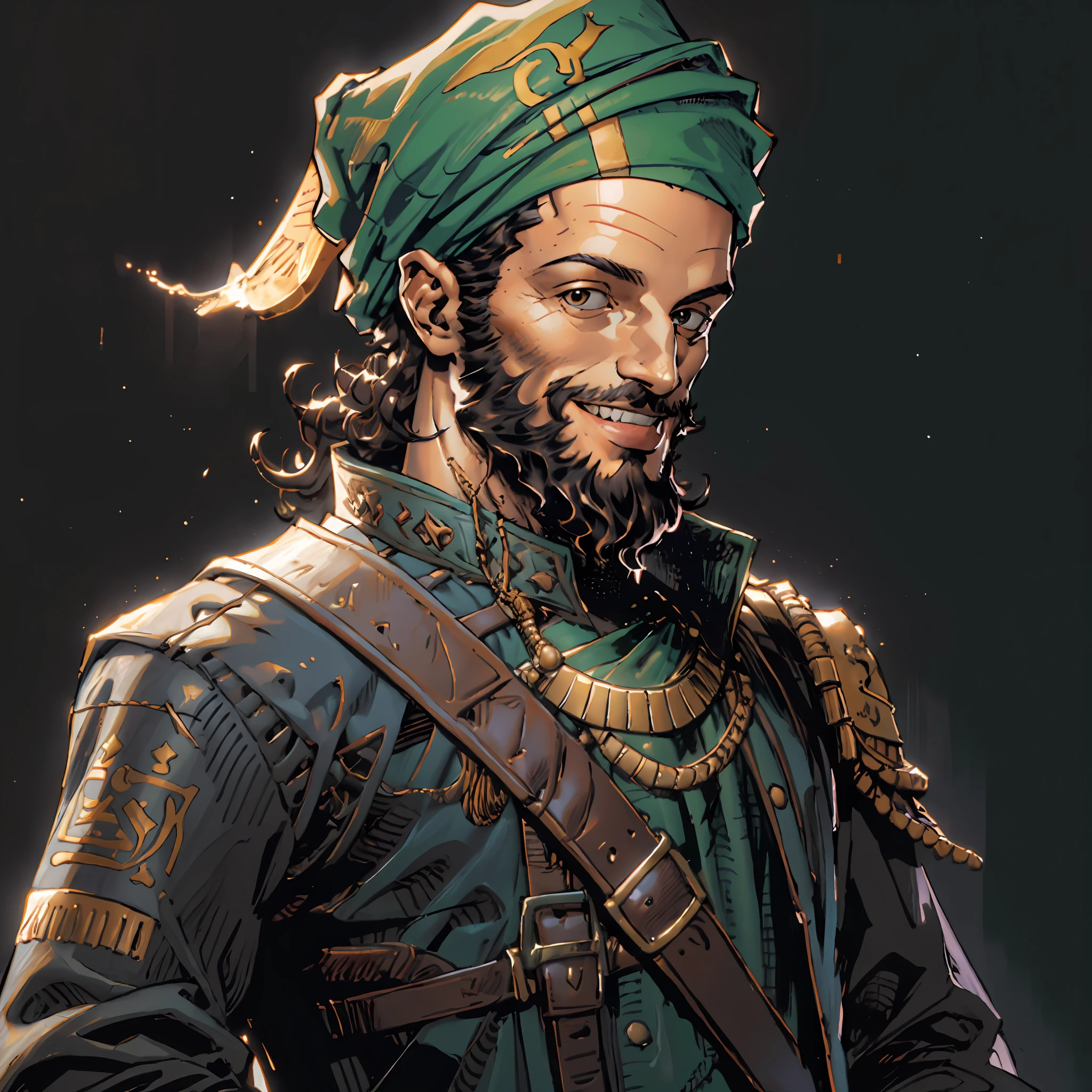 egyptian warlock, a portrait of a clever man, green turban, leather jacket, high detailded, curly hair, pirates looking beard, painting, smile, dynamic, shoulder Messenger Bag, 4k, dark flat background, rim light, blue light shade