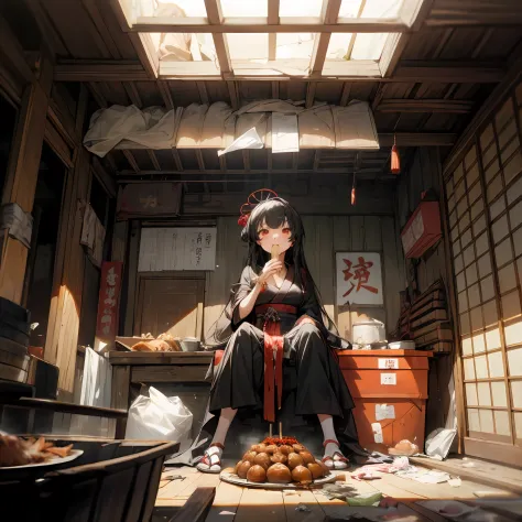 (masterpiece, best quality),(ceiling,trash,junk:1.3),(alley in Japan,casserole),1girl,eating,sit on the ground,messy,empty can,b...