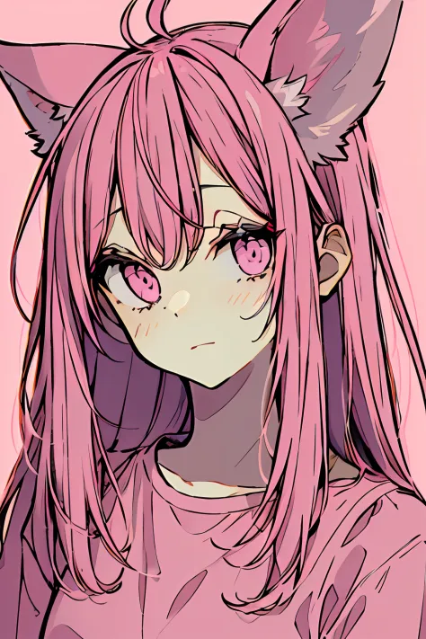 1girl, pink hair,pink ayes,pink shirt , cast ears