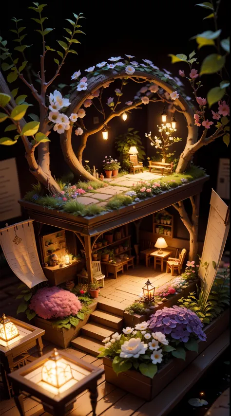 A miniature scene of a magical garden, with delicate flowers and softly lit branches, illuminated by a happy and smiling miniature. --auto