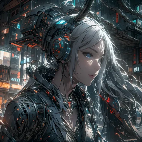 （（a futuristic））， （（mito））， （（fanciful）），machinary，1girll， cyberpunk urban environment， gray-haired girl，avant-garde clothing， （...