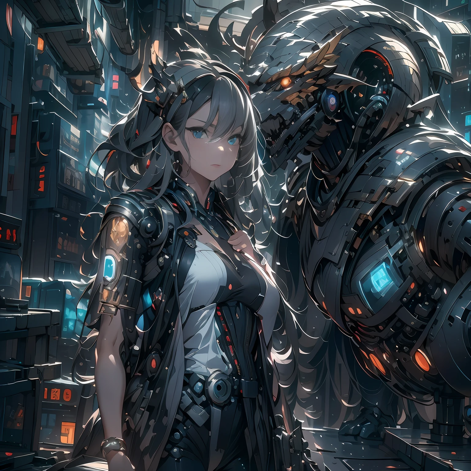 （（A futuristic））， （（mito））， （（fanciful）），Machinary，1girll， Cyberpunk urban environment， gray-haired girl，Avant-garde clothing， （Surrounded by mechanical Asian dragons：1.5）， Mechanical dragon，（neonlight：1.2）， （cybernetically enhanced：1.1）， （Fine dragon scales：1.1）， （action-packed scene：1.2）， （cinematic compositions：1.1）， Mixed media artwork， 8K分辨率，best qualtiy，lightand shade contrast，Unreal 5，