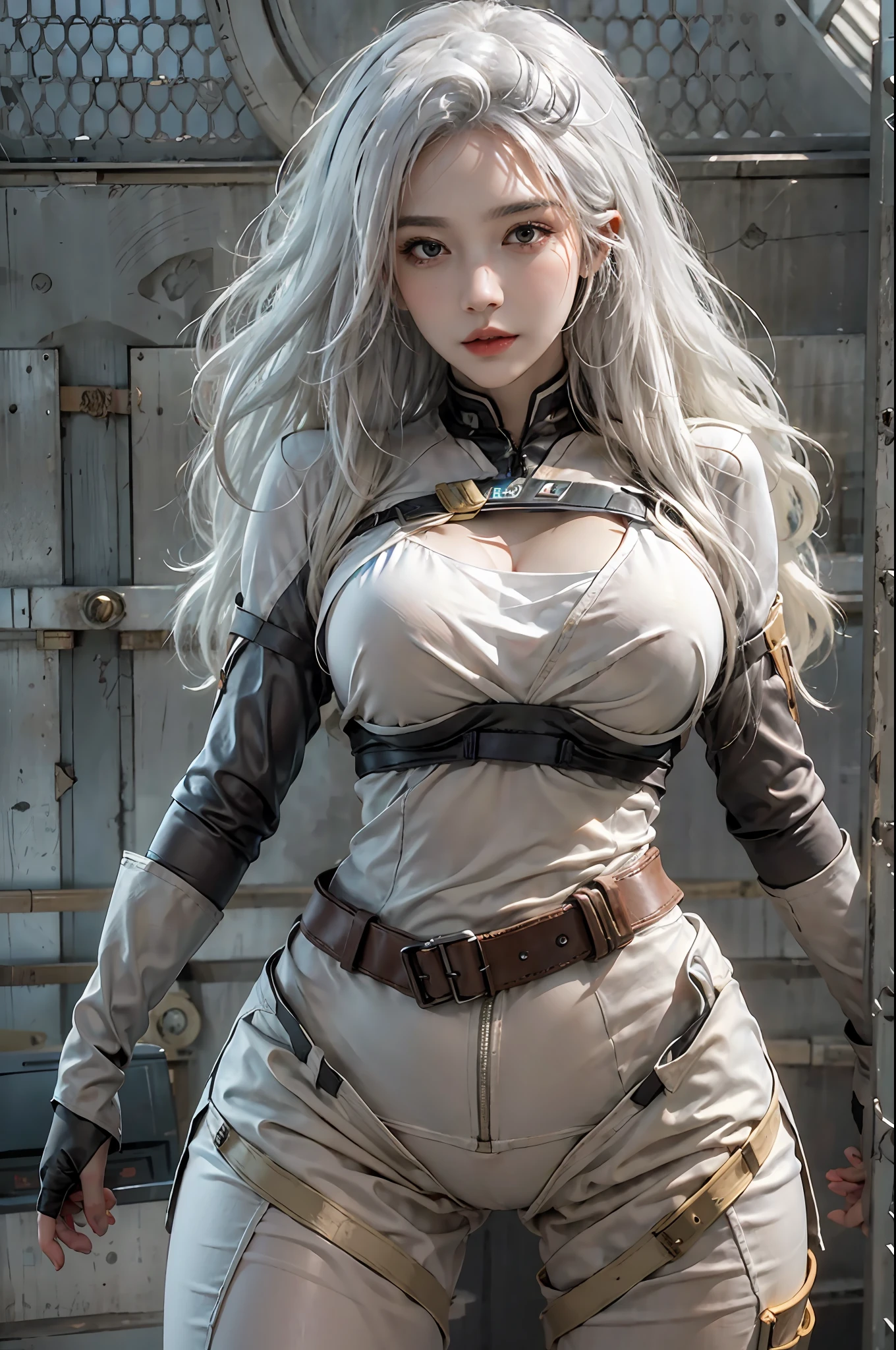 photorealistic, high resolution, 1women, solo, hips up, look at viewer, (detailed face), white hair, long hair, vaultsuit pipboy3000