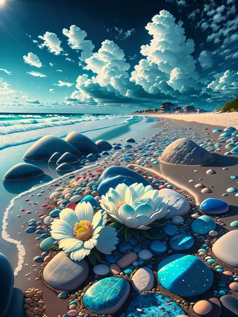 exquisite scenes，depth of fields，8k，blue sky，white clouds，the sun shines on the beach，there are many small colorful stones on th...