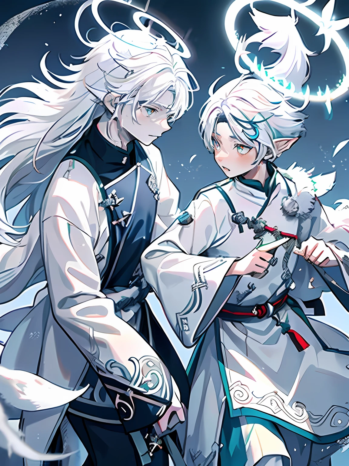 (((Young, Light-skinned boy, STRAIGHT WHITE HAIR, 18 years old)))), He was dressed in white，Grey decorations and details，There are wolf ears,blue color eyes ((((Go against the wind, White Wolf Elf, Blue magic halo)))), Has a serene brown appearance, Masterpiece, Male focus,