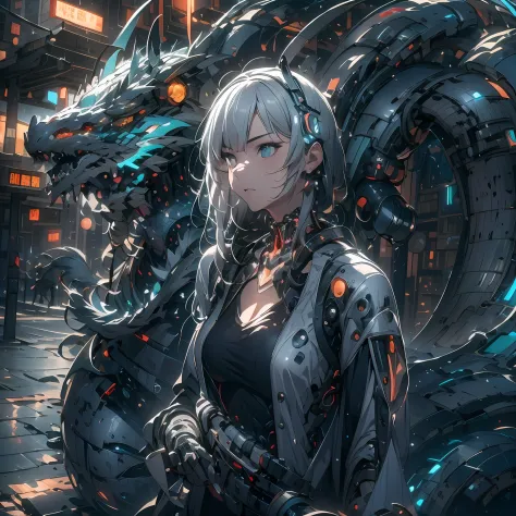 （（a futuristic））， （（mito））， （（fanciful）），machinary，1girll， cyberpunk urban environment， gray-haired girl，avant-garde clothing， （...