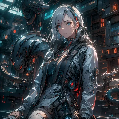 （（a futuristic））， （（mito））， （（fanciful）），machinary，1girll， cyberpunk urban environment， gray-haired girl，avant-garde clothing， （...