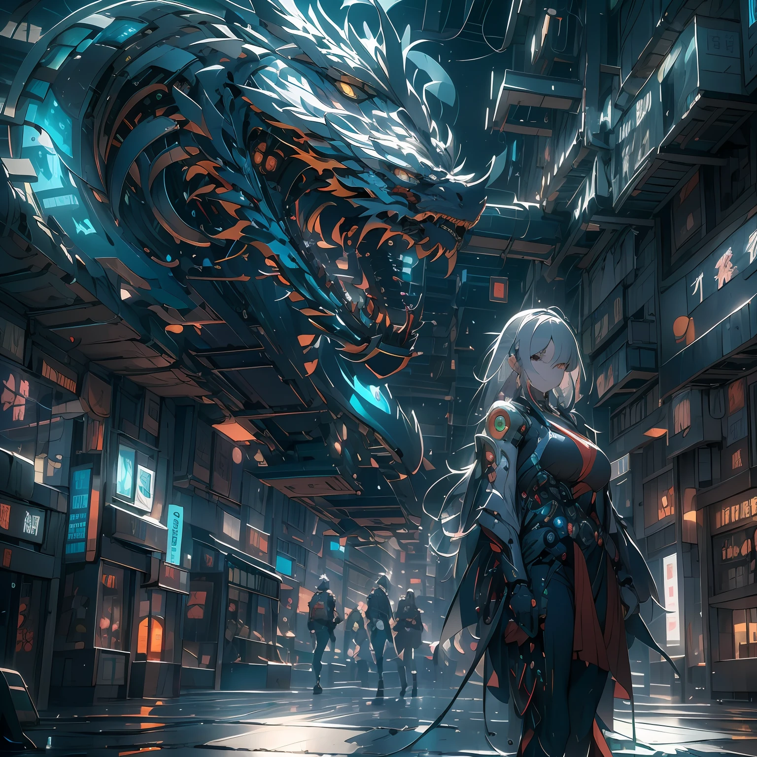 （（A futuristic））， （（myth））， （（fanciful）），Machinary，1girll， Cyberpunk urban environment， gray-haired girl，Avant-garde clothing， （Surrounded by mechanical Asian dragons：1.5）， Mechanical dragon，（neonlight：1.2）， （cybernetically enhanced：1.1）， （Fine dragon scales：1.1）， （action-packed scene：1.2）， （cinematic compositions：1.1）， Mixed media artwork， 8K resolution，best qualtiy，lightand shade contrast，Unreal 5，