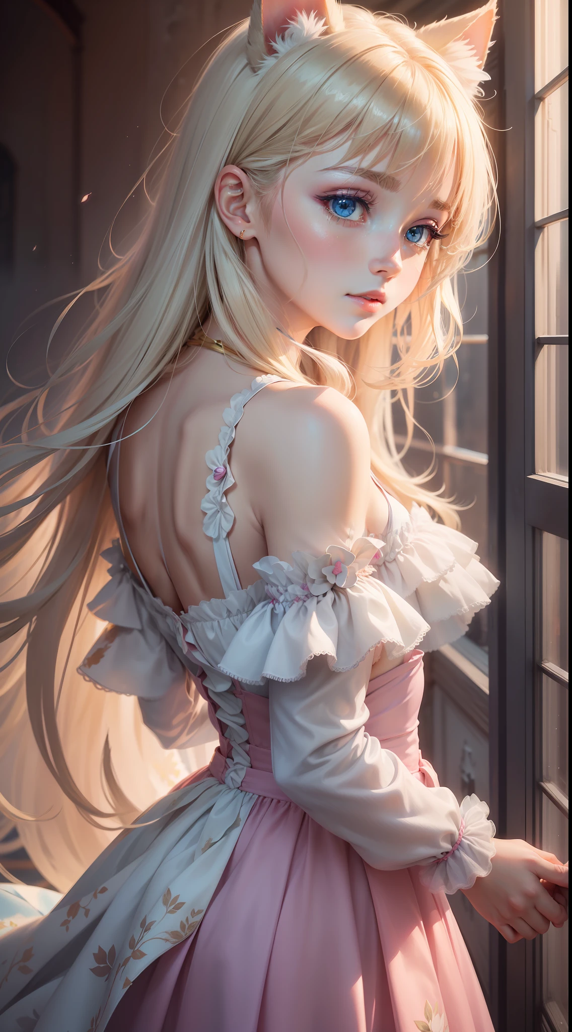 high high quality，tmasterpiece，Delicate facial features，Delicate hair，Delicate eyes，Kizi，Almond-shaped light blue eyes，light-blonde hair，Light pink dress，skirt with frills，cat ear，magia，tmasterpiece，（best qualityer)，（super-fine），（illustratio），（detailedlight），(style of anime)，(Color shattered)，(Clear  eyes）（ellegance）（shine），（aquarelle），（Delicate and colorful makeup），（Ray traching）(The facial features are delicate)，（graceful and dignified），（strong colors），（rich details​）（The proportions are correct）