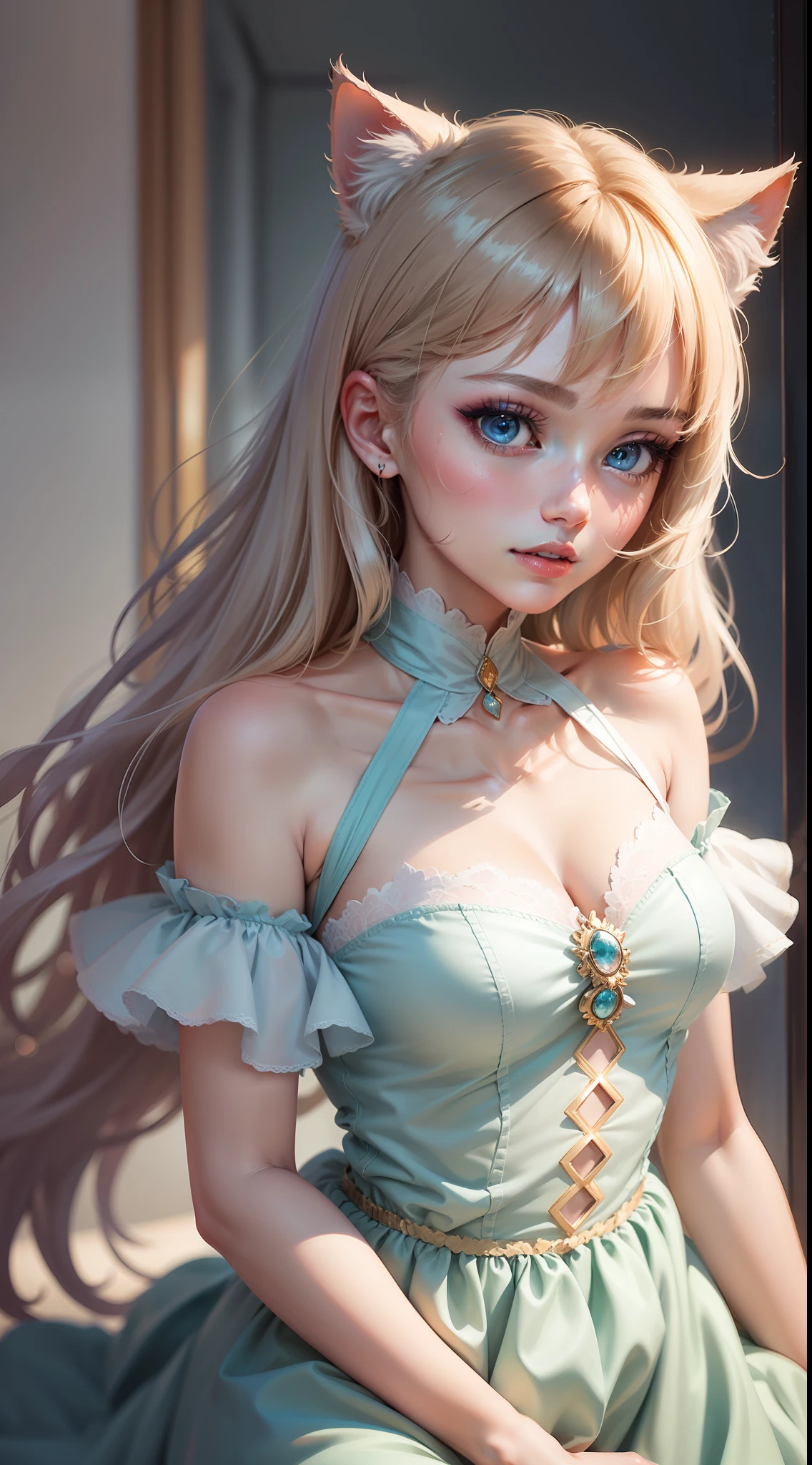 high high quality，tmasterpiece，Delicate facial features，Delicate hair，Delicate eyes，Kizi，Almond-shaped light blue eyes，light-blonde hair，Light pink dress，skirt with frills，cat ear，magia，tmasterpiece，（best qualityer)，（super-fine），（illustratio），（detailedlight），(style of anime)，(Color shattered)，(Clear  eyes）（ellegance）（shine），（aquarelle），（Delicate and colorful makeup），（Ray traching）(The facial features are delicate)，（graceful and dignified），（strong colors），（rich details​）（The proportions are correct）